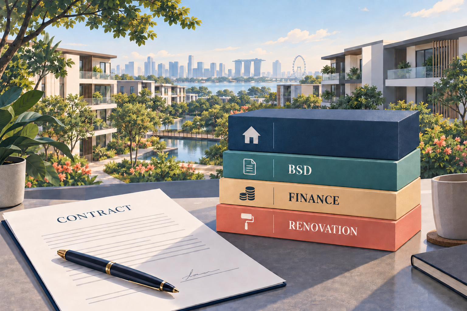 Editorial illustration of a Singapore home contract beside stacked purchase-cost blocks