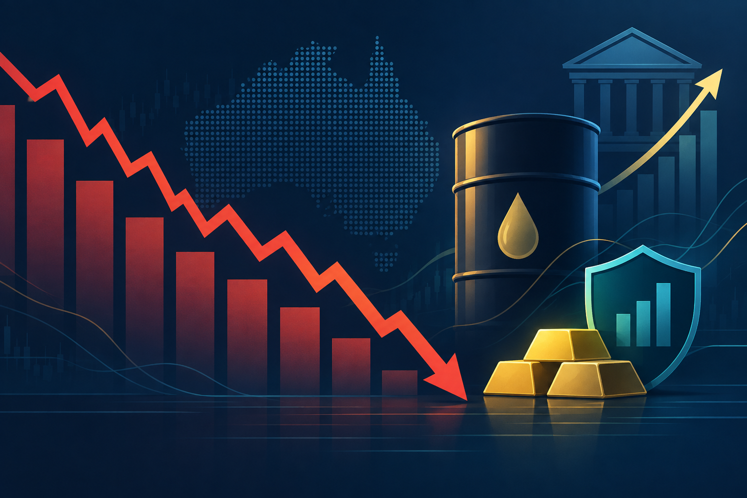 Illustration of a falling Australian share chart beside oil, bonds and defensive assets