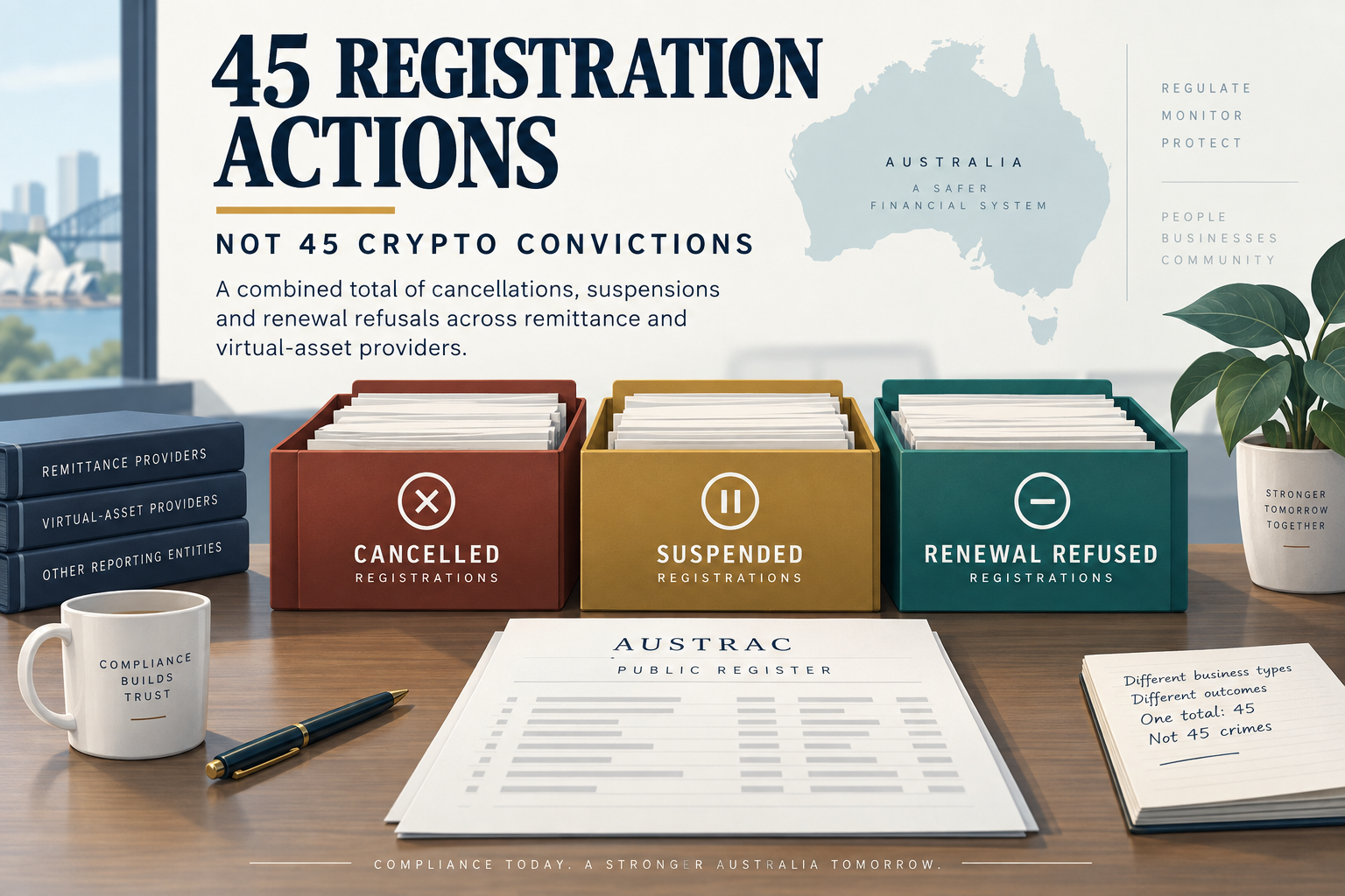 Editorial illustration separating cancelled, suspended and renewal-refused registration actions in Australia