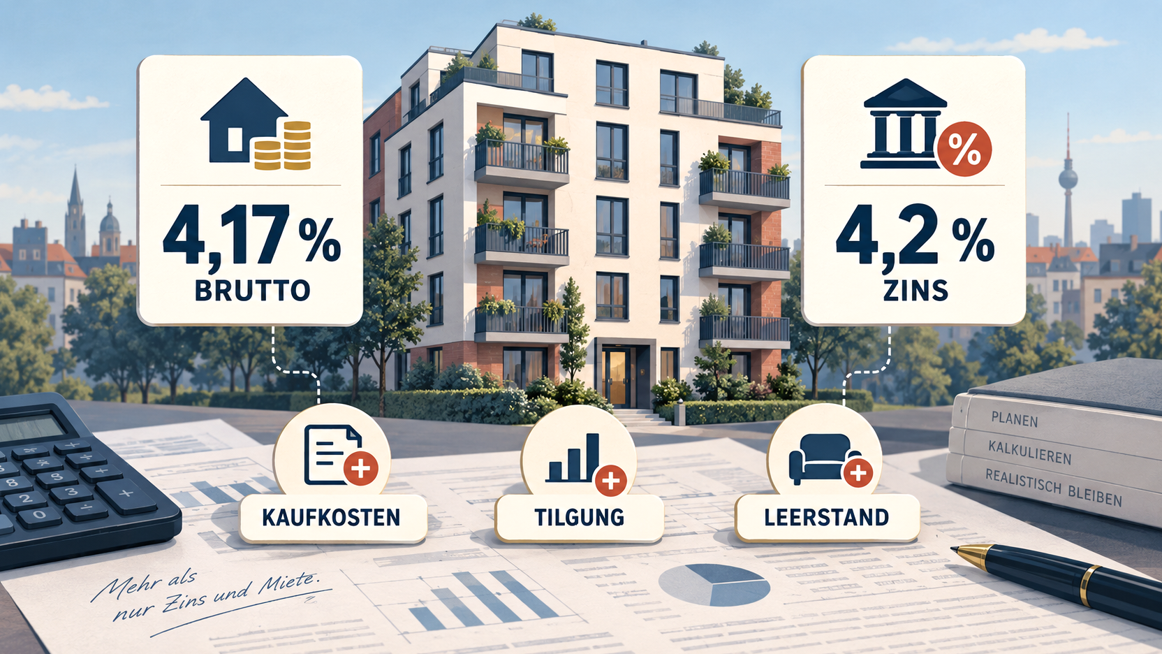 Illustration eines deutschen Mehrfamilienhauses zwischen 4,17 Prozent Bruttomietrendite und 4,2 Prozent Bauzins sowie den Kostenblöcken Kaufkosten, Tilgung und Leerstand