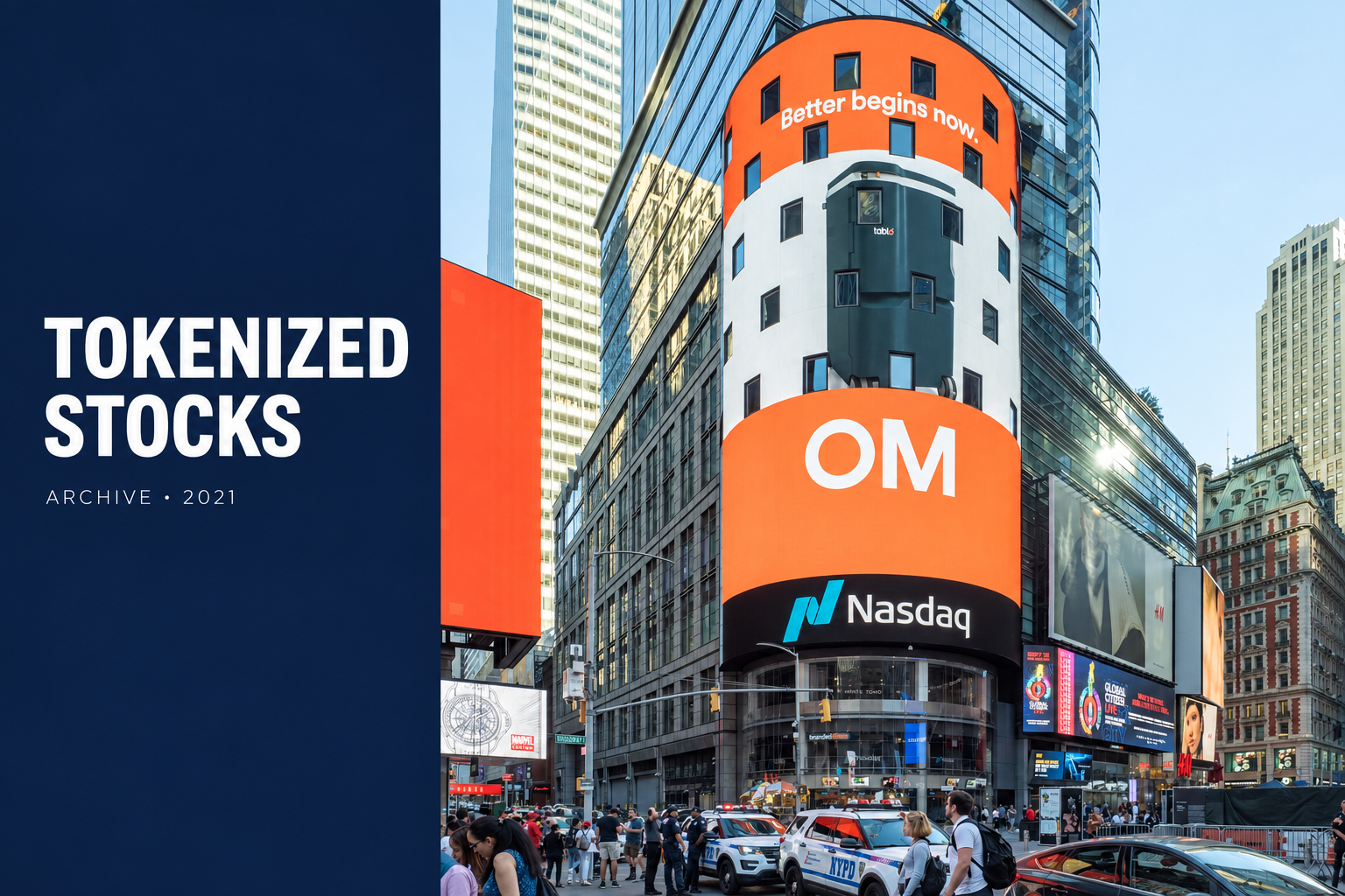 Archive photograph of Nasdaq MarketSite in New York with a tokenized stocks editorial title