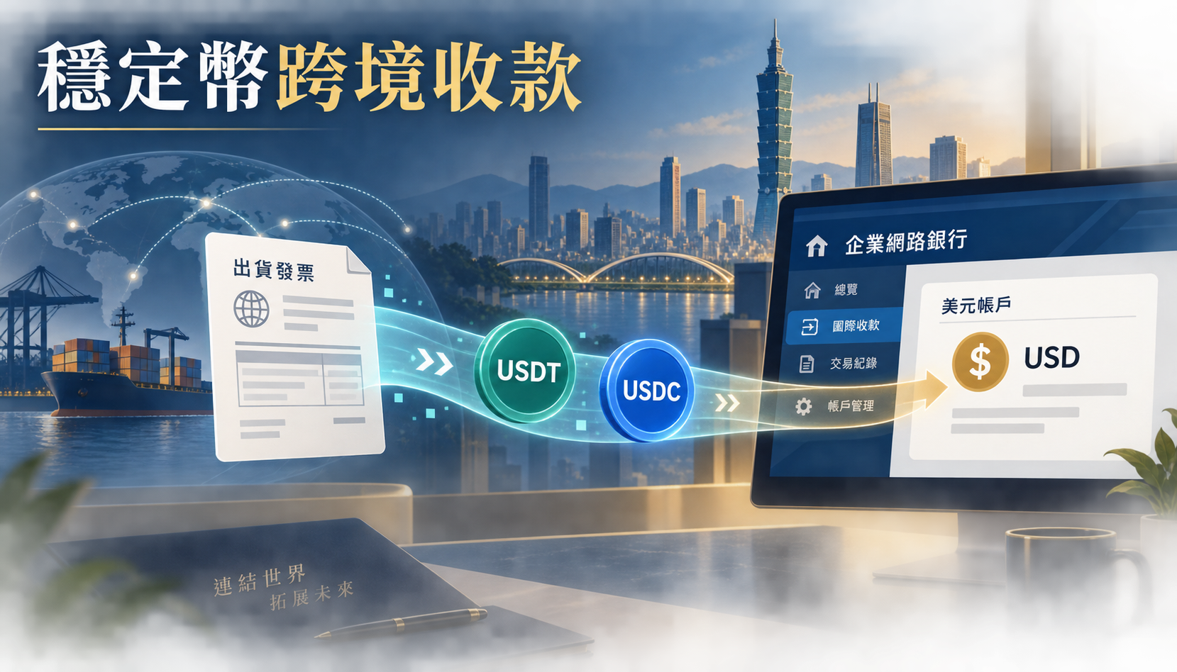 台灣企業發票經USDT與USDC結算後進入美元銀行帳戶的編輯示意圖