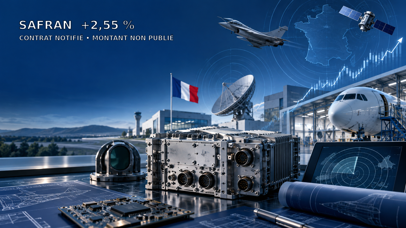 Illustration éditoriale de l’industrie aérospatiale française avec le cours Safran à 330,20 euros, la hausse de 2,55 % et la mention d’un montant de contrat non publié