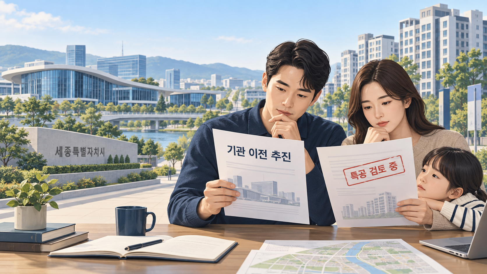 세종의 행정기관 건물과 아파트 사이에서 기관 이전 추진과 특별공급 검토 문서를 비교하는 가족을 그린 편집 일러스트