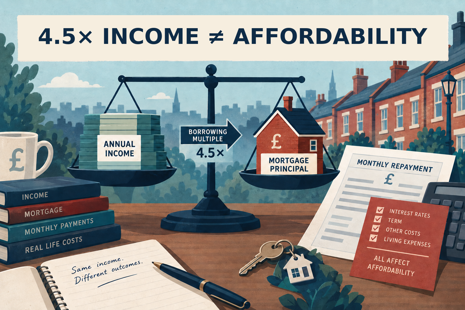 Editorial illustration balancing annual income against UK mortgage principal and monthly repayment costs