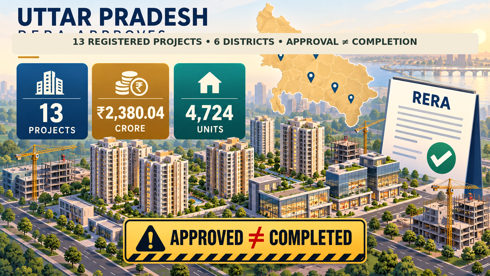 Editorial illustration of Uttar Pradesh construction with 13 projects, ₹2,380.04 crore, 4,724 units and an approval-is-not-completion warning